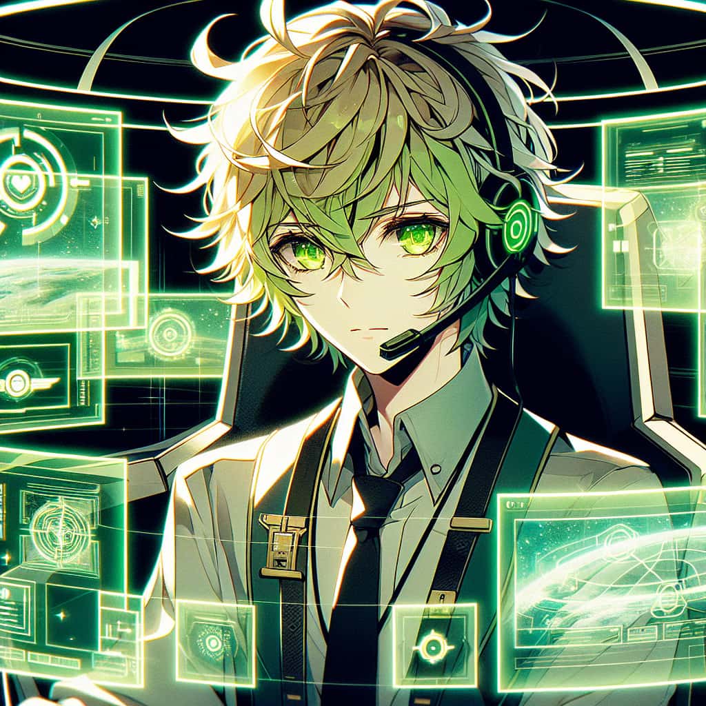imagine in anime seraph of the end like look showing an anime boy with messy blond hair and green eyes working in moderator fuer virtuelle veranstaltungen